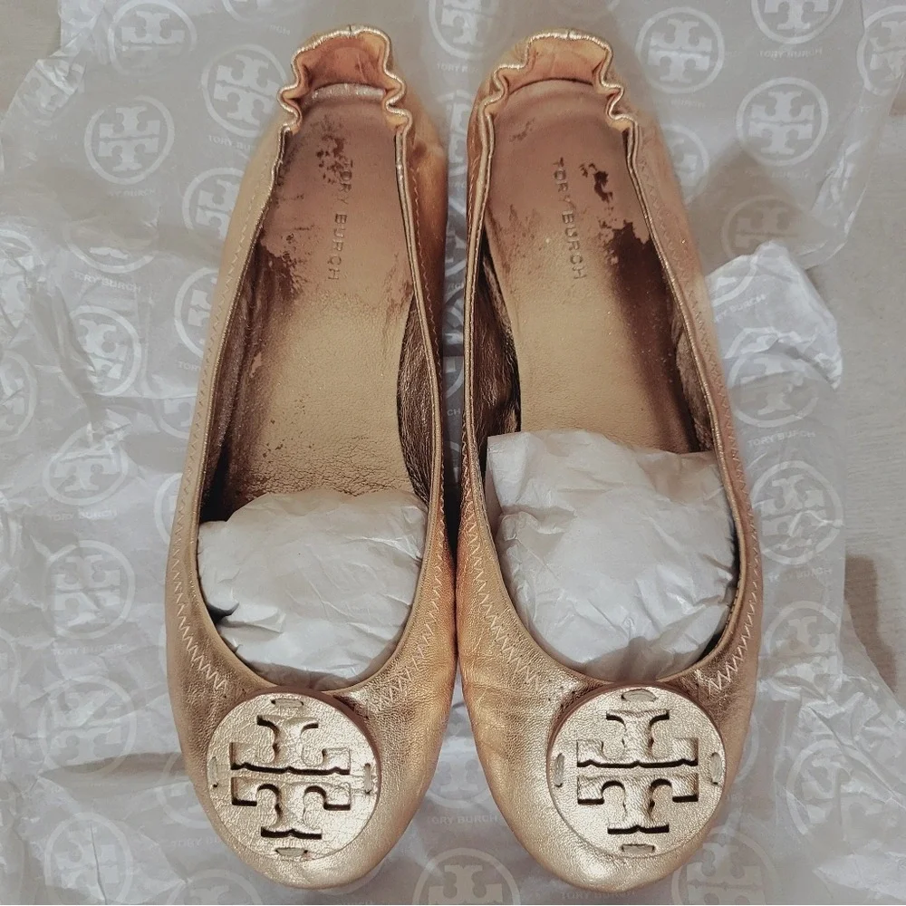 Tory Burch Minnie Rose Gold Leather Logo Travel Ballet 6.5 Metallic Minimal